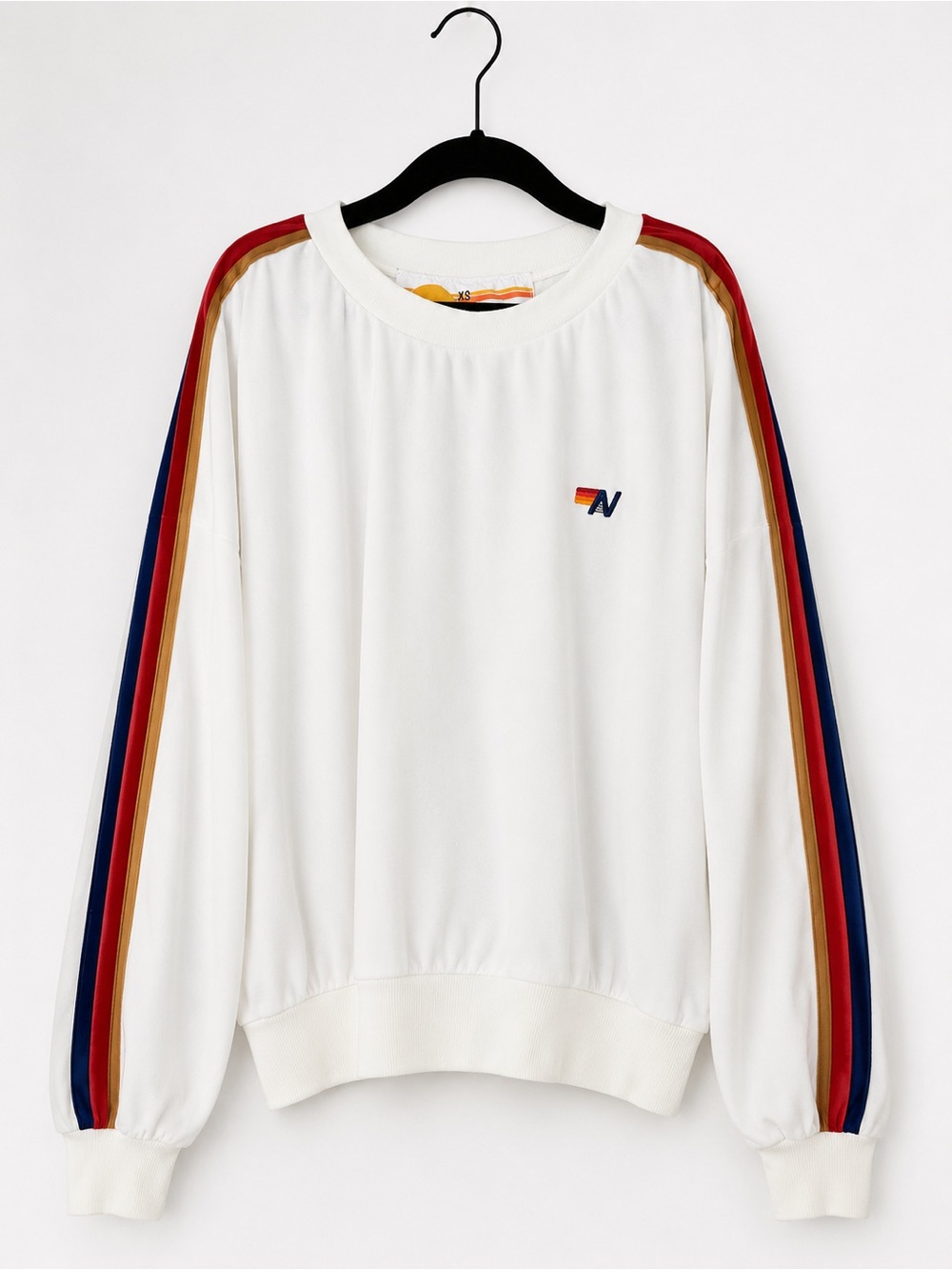 Aviator Nation White Crewneck Sweatshirt with Red, Navy & Gold Sleeve Stripes